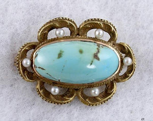 Elegant Art Nouveau 14K Gold Turquoise Pearl Pin Brooch c1900