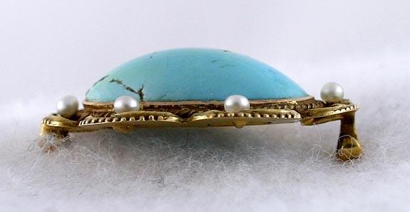 Elegant Art Nouveau 14K Gold Turquoise Pearl Pin Brooch c1900