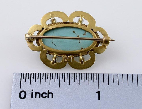 Elegant Art Nouveau 14K Gold Turquoise Pearl Pin Brooch c1900