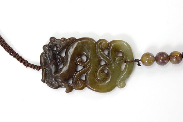 Delightful Chinese Jade Dragon Agate Stone Silver Bead Charm Necklace 31"