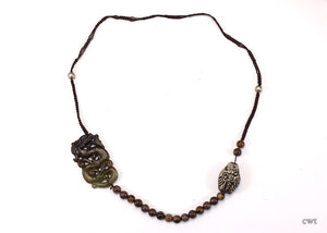 Delightful Chinese Jade Dragon Agate Stone Silver Bead Charm Necklace 31"