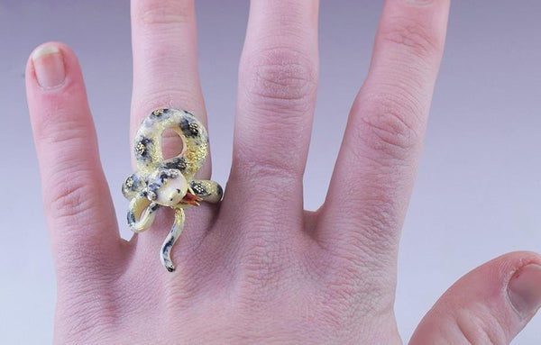 Incredible 18K Gold & Diamond Enameled Coiled Snake Ring