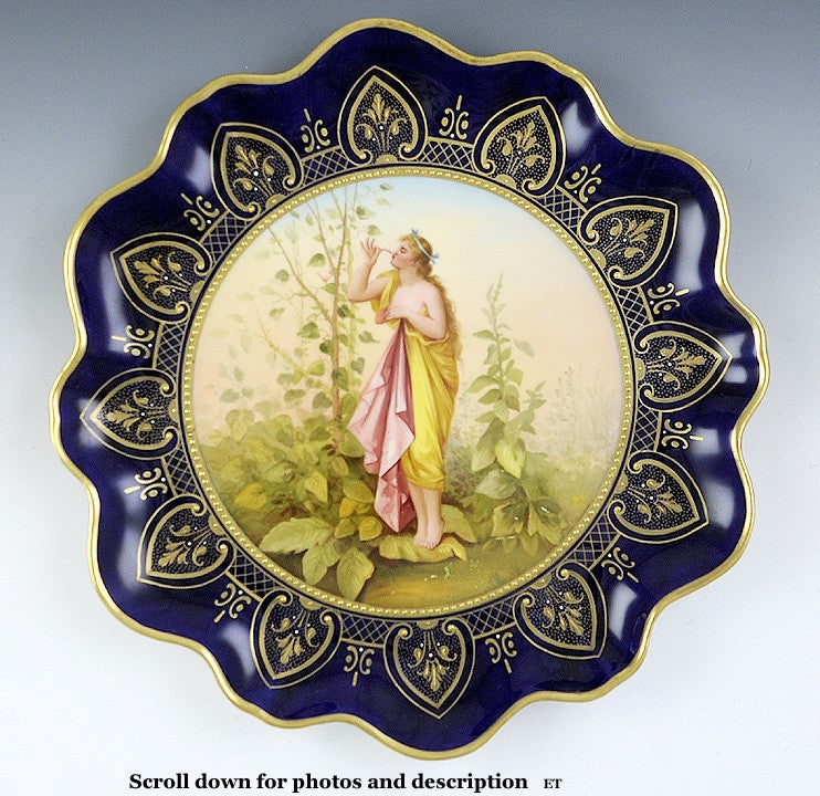 c1880 Royal Vienna Hand Painted Gilt Cobalt Porcelain Plate - Woman in Garden