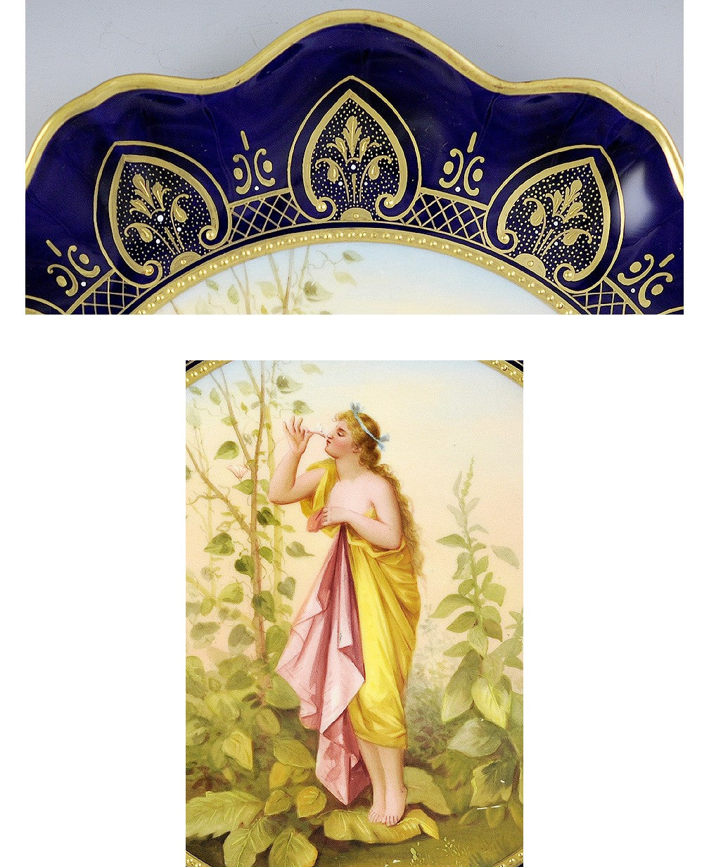 c1880 Royal Vienna Hand Painted Gilt Cobalt Porcelain Plate - Woman in Garden