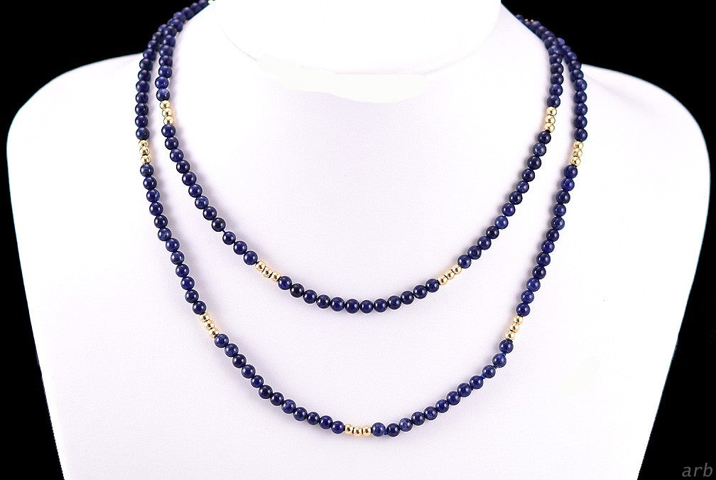 Elegant Long Dark Blue Sodalite Necklace w/ 14k Yellow Gold Beads, 33 inches