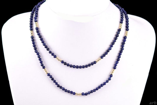 Elegant Long Dark Blue Sodalite Necklace w/ 14k Yellow Gold Beads, 33 inches