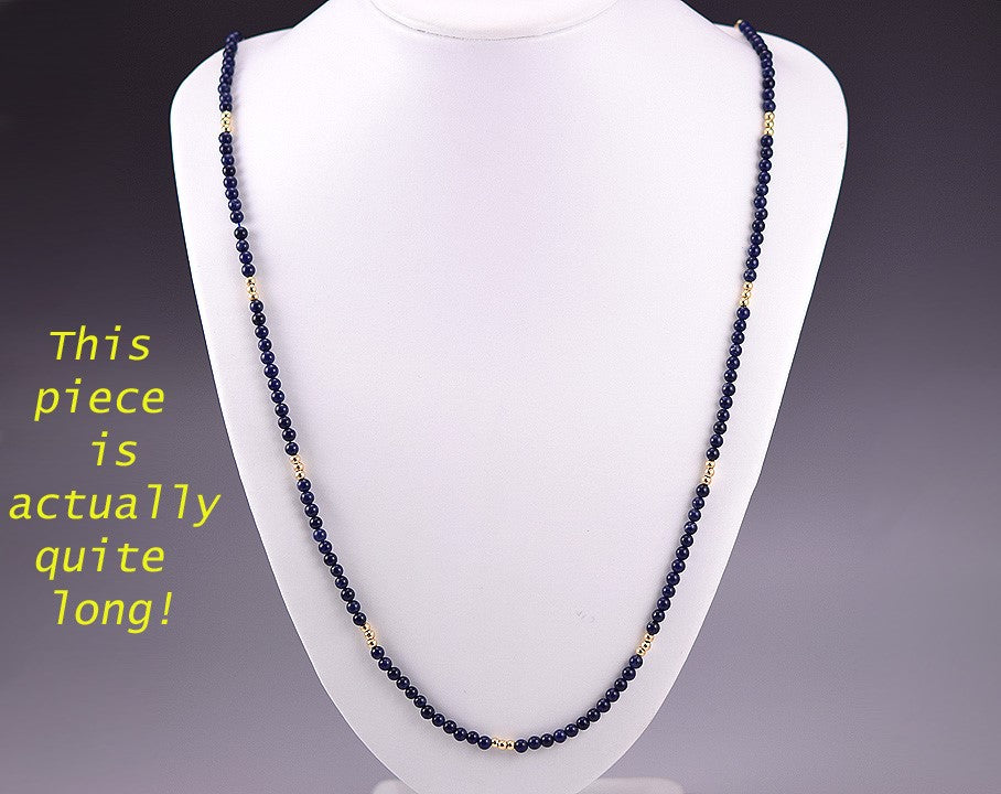 Elegant Long Dark Blue Sodalite Necklace w/ 14k Yellow Gold Beads, 33 inches