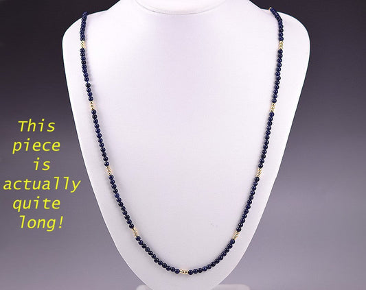 Elegant Long Dark Blue Sodalite Necklace w/ 14k Yellow Gold Beads, 33 inches