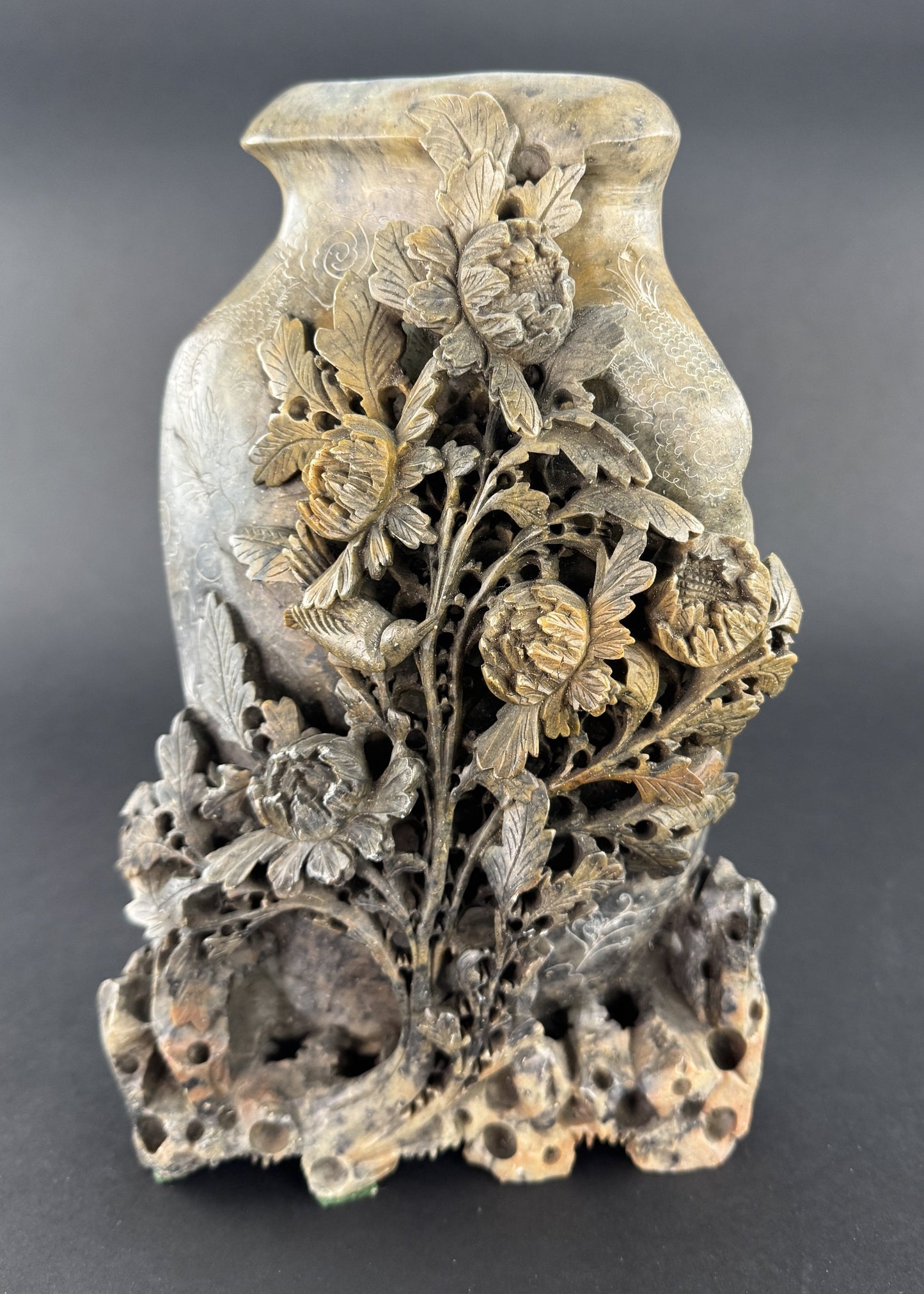Excellent c1900 Chinese Hand Carved Soapstone Peonies Bird Sculpture Vase