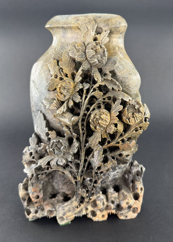 Excellent c1900 Chinese Hand Carved Soapstone Peonies Bird Sculpture Vase
