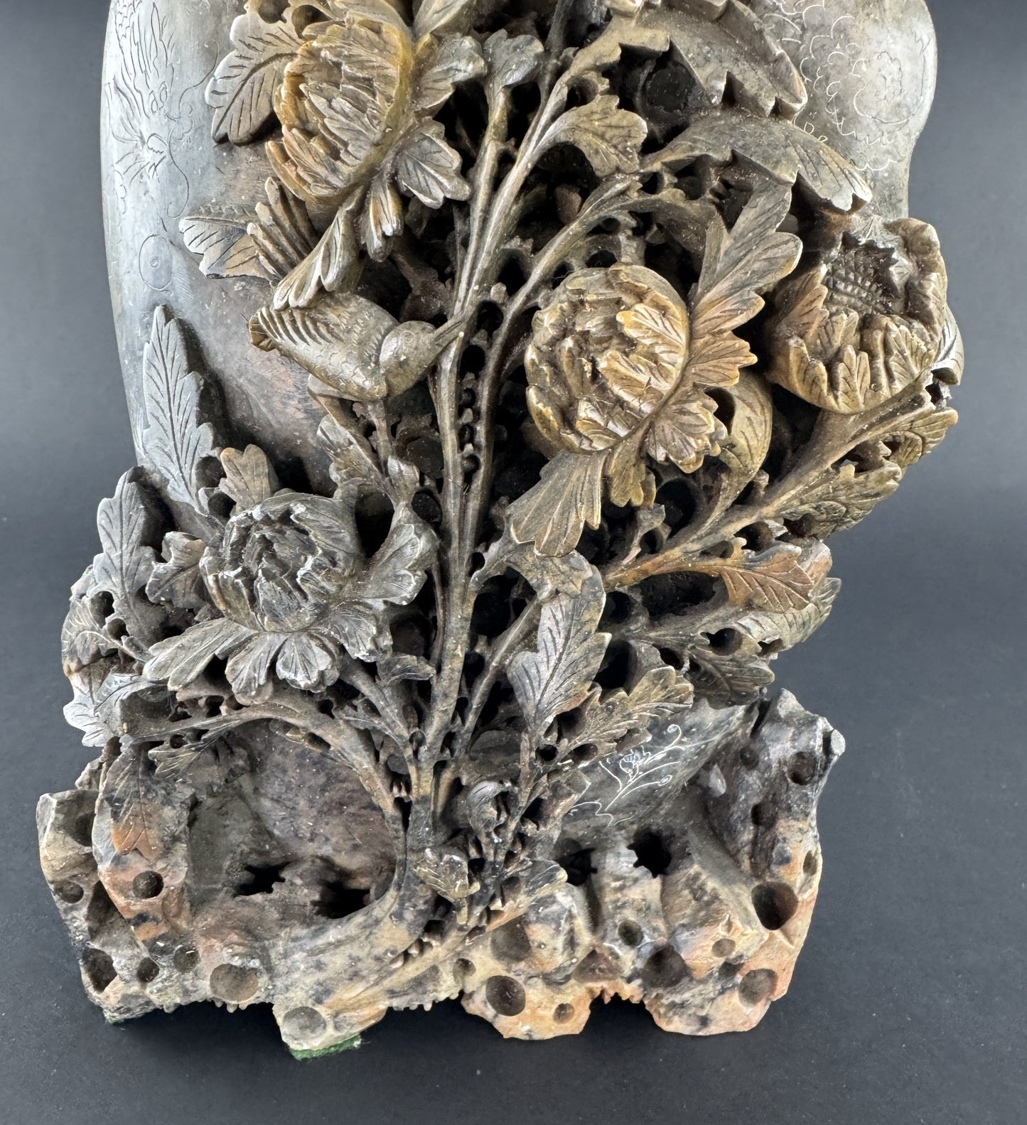 Excellent c1900 Chinese Hand Carved Soapstone Peonies Bird Sculpture Vase