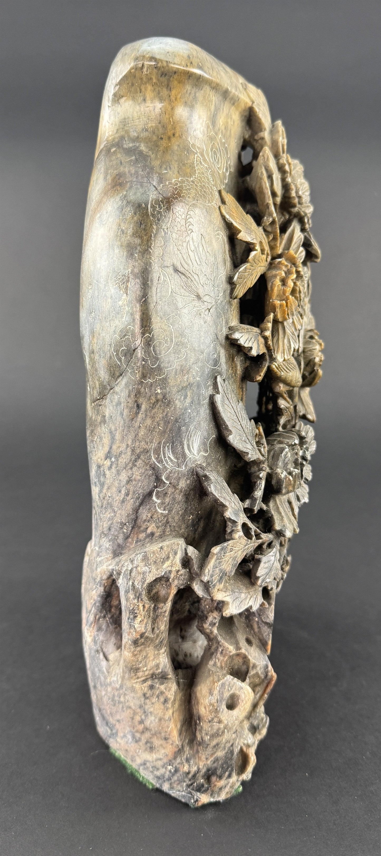 Excellent c1900 Chinese Hand Carved Soapstone Peonies Bird Sculpture Vase