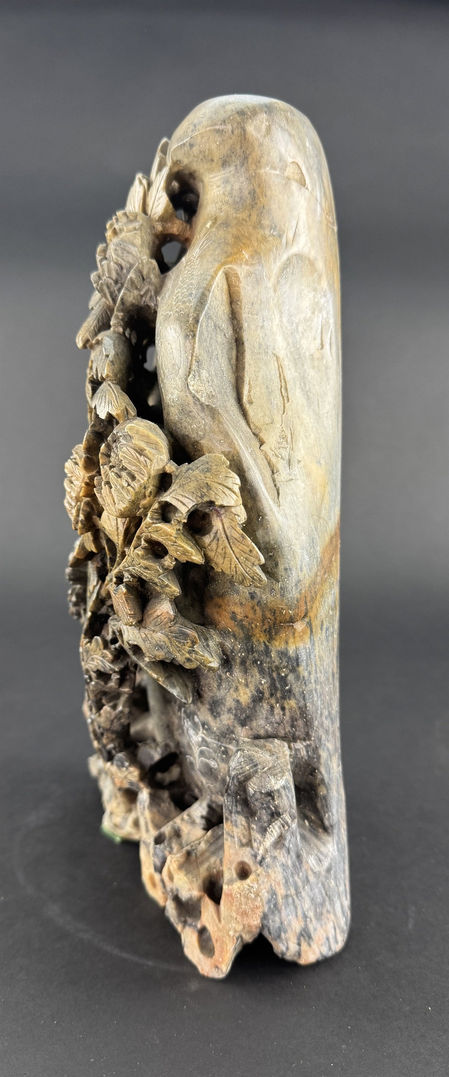 Excellent c1900 Chinese Hand Carved Soapstone Peonies Bird Sculpture Vase