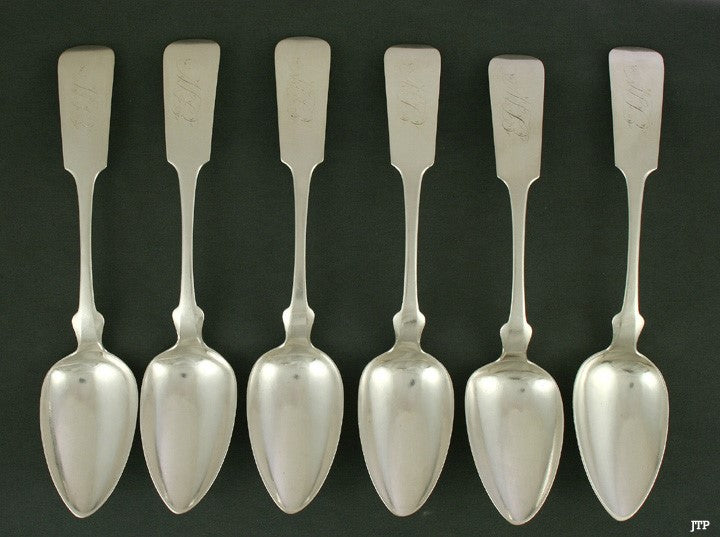6 American Coin Silver Fiddle Serving Spoons Benjamin1840s