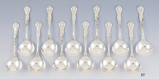 12 Gorham Sterling Silver King George Bouillon Round Soup Spoons 4 3/4"