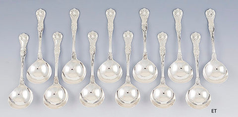 12 Gorham Sterling Silver King George Bouillon Round Soup Spoons 4 3/4"