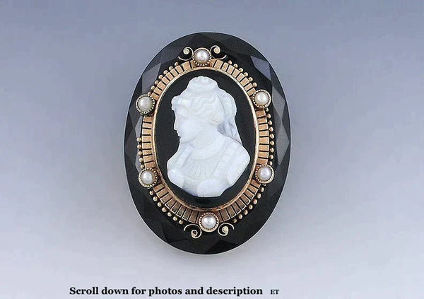 Stunning Victorian Sardonyx Cameo 10k Gold Pearl Pin/Pendant