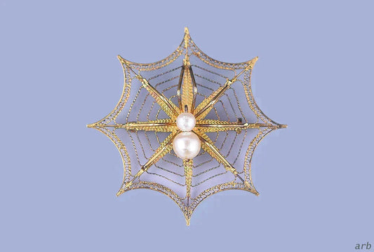 900 Purity Gilt Silver and Genuine Pearl Filigree Spider in Web Pin from Europe
