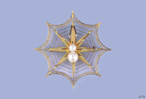 900 Purity Gilt Silver and Genuine Pearl Filigree Spider in Web Pin from Europe