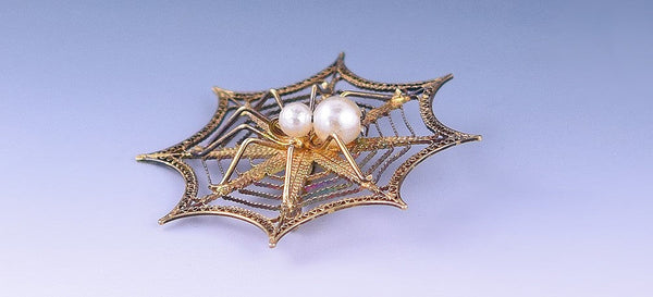 900 Purity Gilt Silver and Genuine Pearl Filigree Spider in Web Pin from Europe