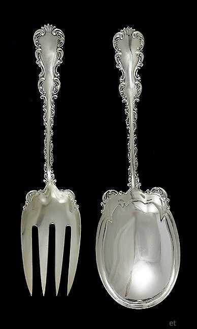 Sterling Silver Whiting Louis XV Salad Serving Fork Spoon Set NO MONO 9"