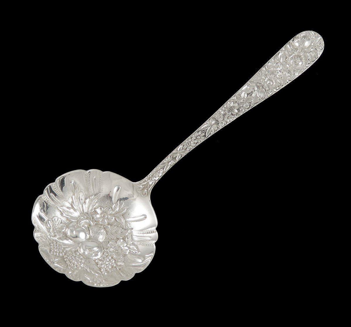 Kirk Repousse Chased Sterling Silver Flower Fruit Berry Serving Spoon 7 1/2"