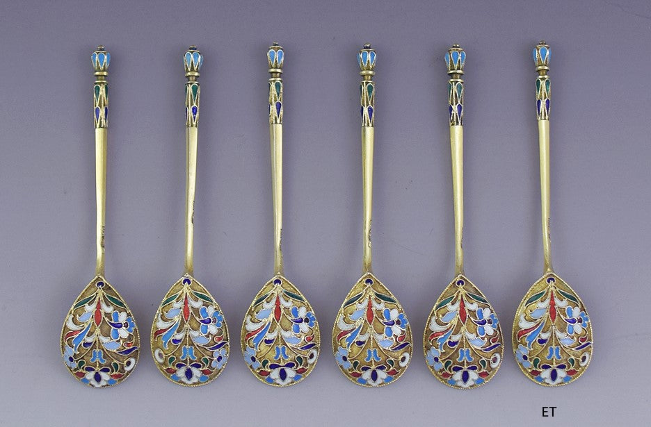 Great set 6 Tiffany Co Russian Pre-Revolution Gilt Silver Colorful Enamel Spoons