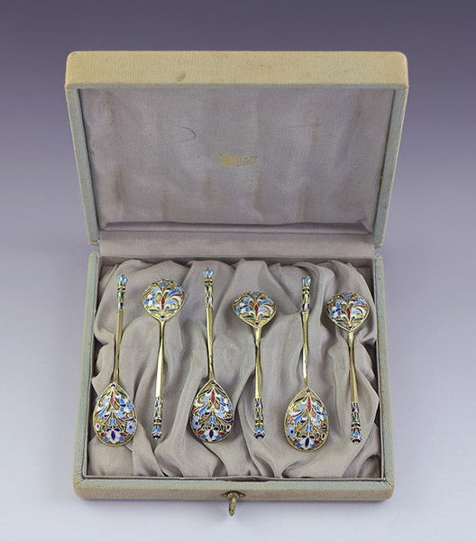 Great set 6 Tiffany Co Russian Pre-Revolution Gilt Silver Colorful Enamel Spoons