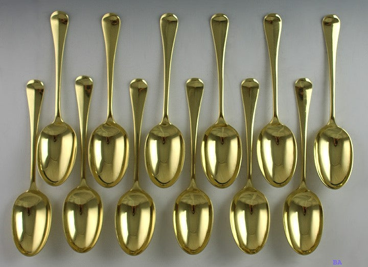 12 Vintage 1952 Gold Wash Sterling Silver Guille Hanovarian Rattail Tablespoons