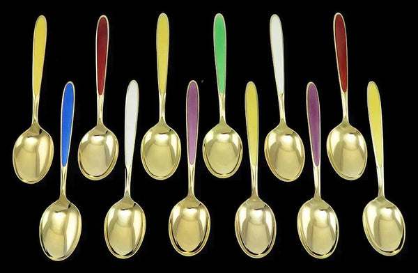 12 Norwegian Gilded Sterling Silver & Guilloche Enamel Marthinsen Spoons 6 1/8"