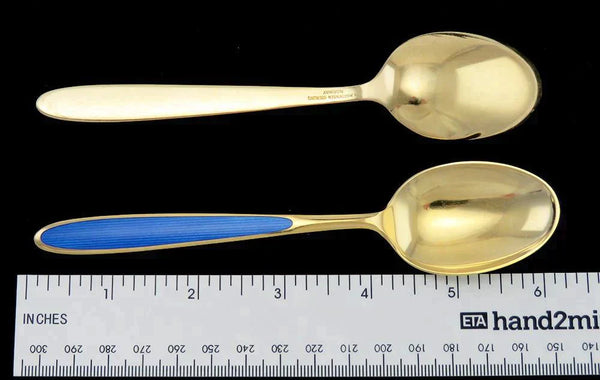 12 Norwegian Gilded Sterling Silver & Guilloche Enamel Marthinsen Spoons 6 1/8"