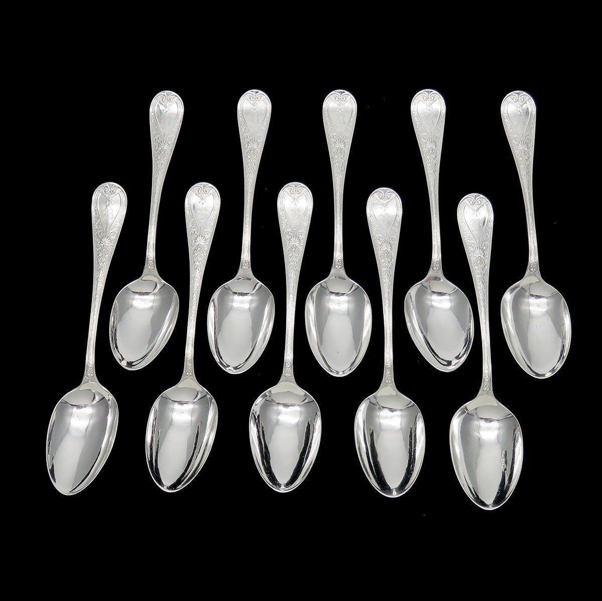 Rare Set 10 c1880 American Sterling Silver Aesthetic Movement Teaspoons