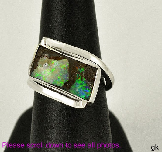 Sterling Silver and Genuine Opal Stone Statement Ring Size 6 Vintage Boho