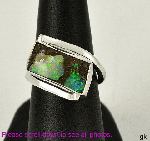 Sterling Silver and Genuine Opal Stone Statement Ring Size 6 Vintage Boho