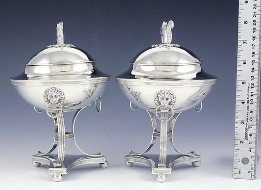2 Antique 1816 Swedish Silver Squirrel Finial Covered Compotes Tureens Dishes