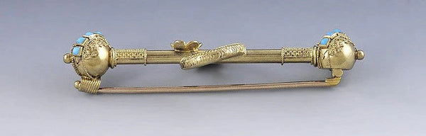 Superb Victorian Italian Etruscan Revival 14k Gold Turquoise Bar Pin Brooch