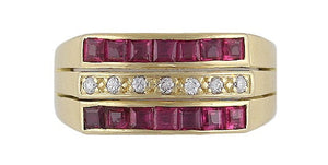 Quality Modern 18k Yellow Gold Diamond & Square Cut Ruby Ring