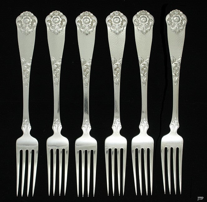 6 Antique 1928 Norwegian 830 Silver Hand Hammered Floral Dinner Forks 7 3/4"
