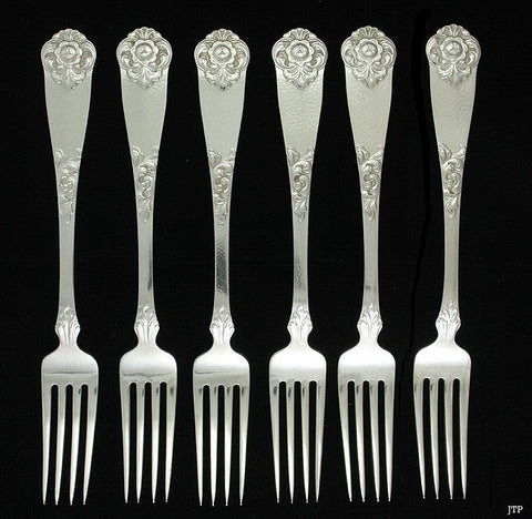 6 Antique 1928 Norwegian 830 Silver Hand Hammered Floral Dinner Forks 7 3/4"