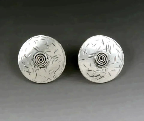 Lovely Pair Hand Made Artisan Sterling Silver Spiral Disk Earrings
