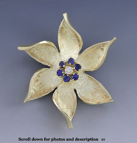 Fabulous 14K Gold Sapphire & Diamond Flower Brooch/Pin