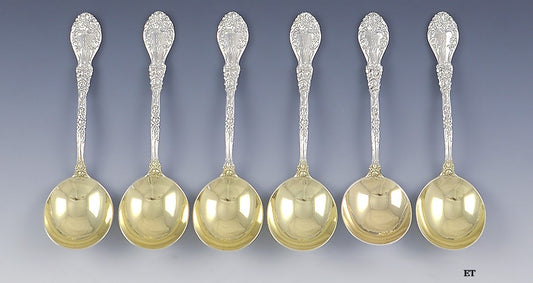 Great Set 6 Durgin Sterling Silver Round/Cream Soup Spoons Marechal Niel Pat.