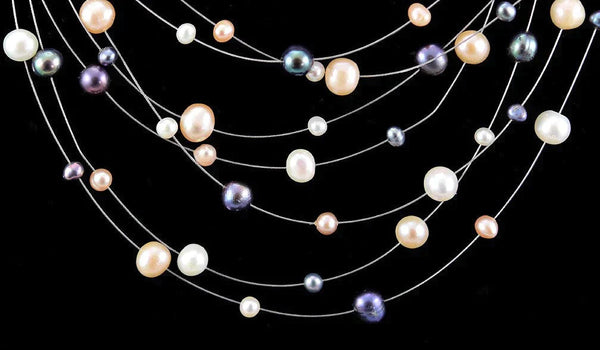 Pretty Necklace of Real Colored Pearls and Silvery Wire w/ Sterling Silver Clasp