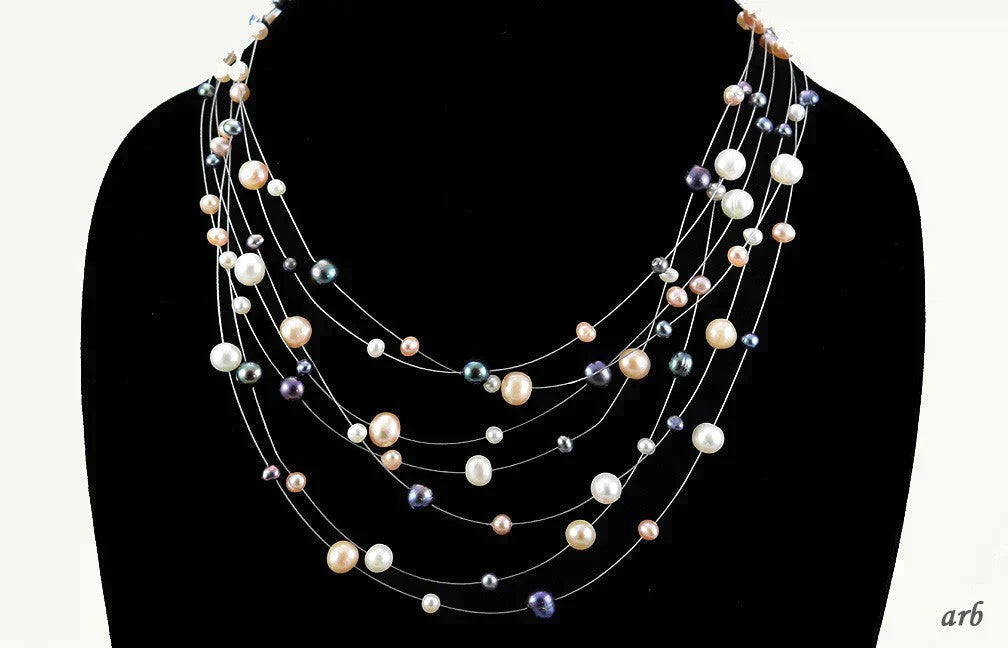 Pretty Necklace of Real Colored Pearls and Silvery Wire w/ Sterling Silver Clasp