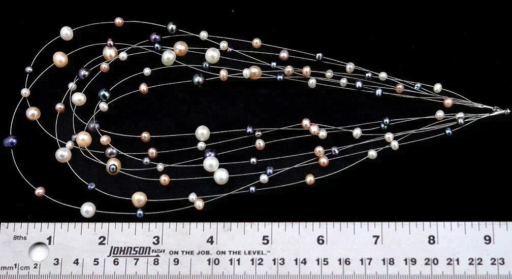 Pretty Necklace of Real Colored Pearls and Silvery Wire w/ Sterling Silver Clasp