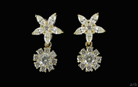 Snazzy 14k Yellow Gold and Cubic Zirconia Earrings, Star Studs w/Round Drops