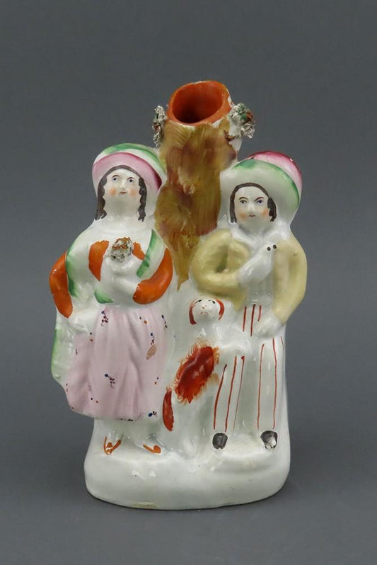 Fine Mid 1800s English Staffordshire Courting Couple w Dog Figurine Spill Vase