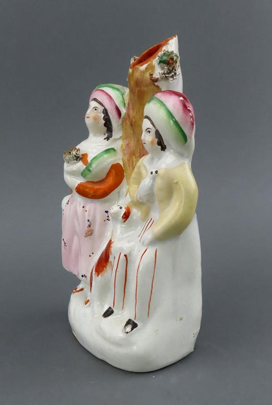 Fine Mid 1800s English Staffordshire Courting Couple w Dog Figurine Spill Vase