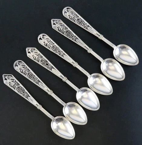 Rare Set 6 c1860s Mexican Silver Filigree Spoons Eagle and Snake Design