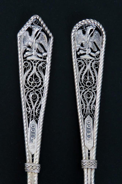 Rare Set 6 c1860s Mexican Silver Filigree Spoons Eagle and Snake Design